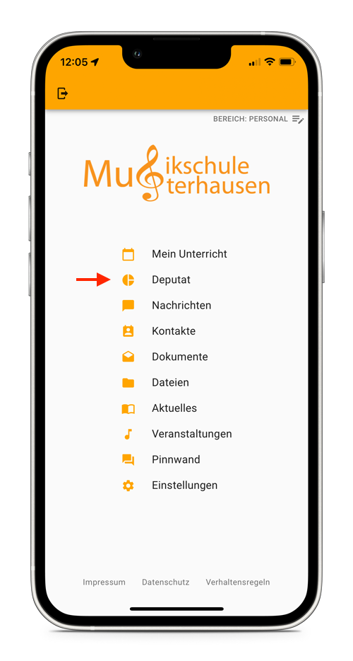 Musikschul-App Startfenster mit Deputat