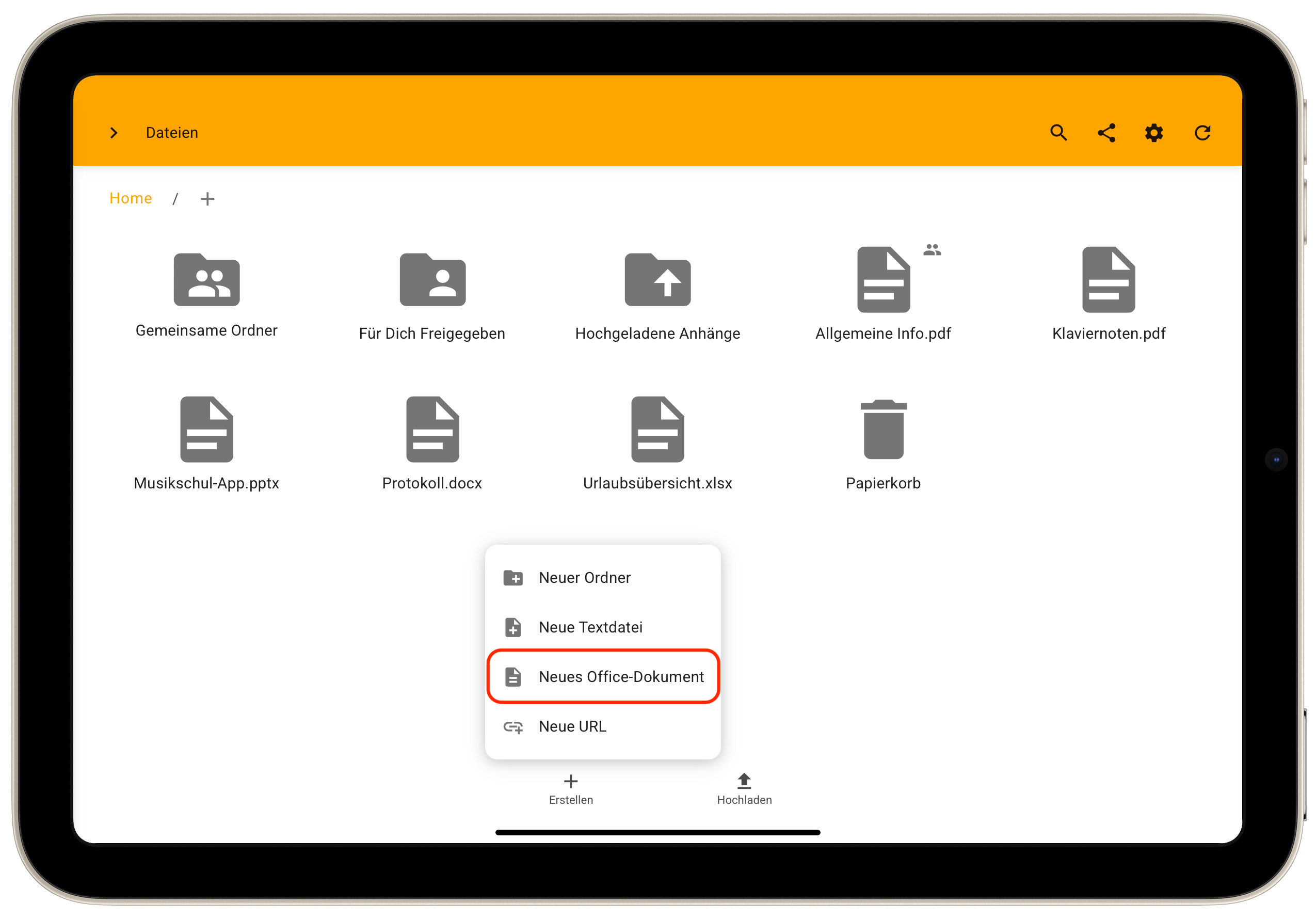 App: Menü zur Erstellung einer Office-Datei