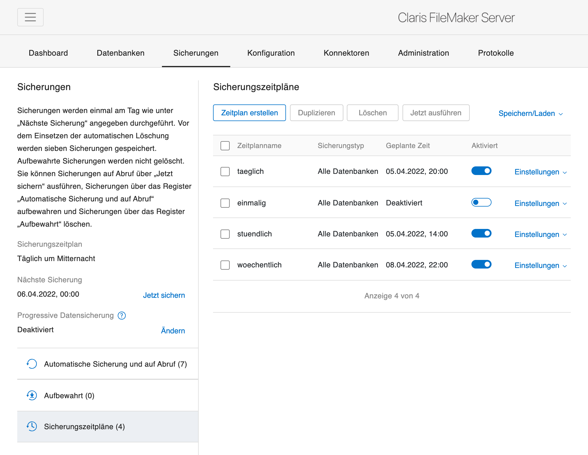 Admin Konsole - Sicherungszeitpläne