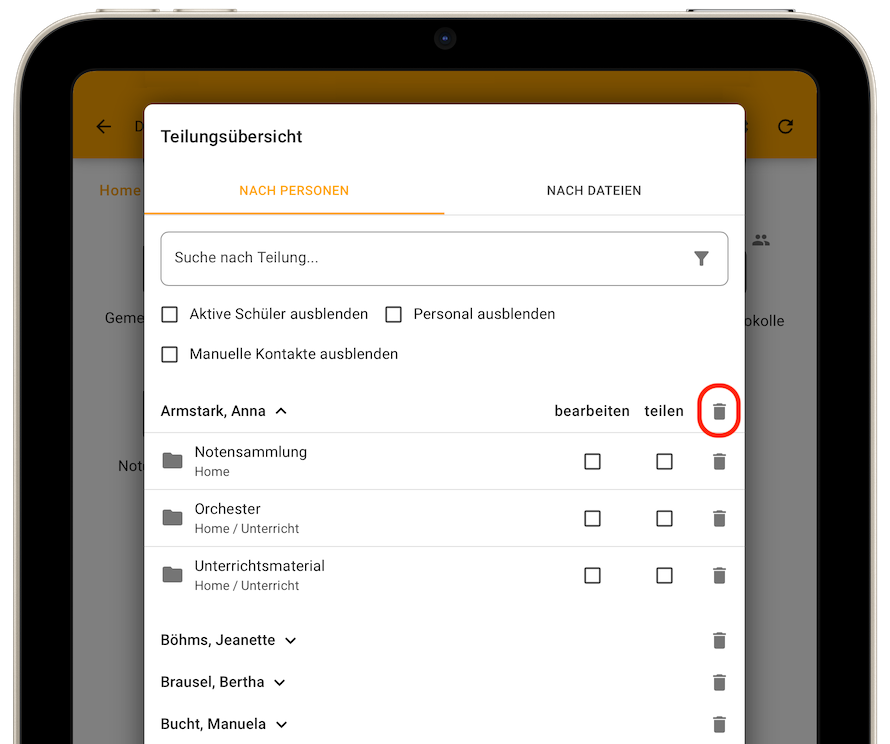 Teilungsübersicht - Löschen-Symbol