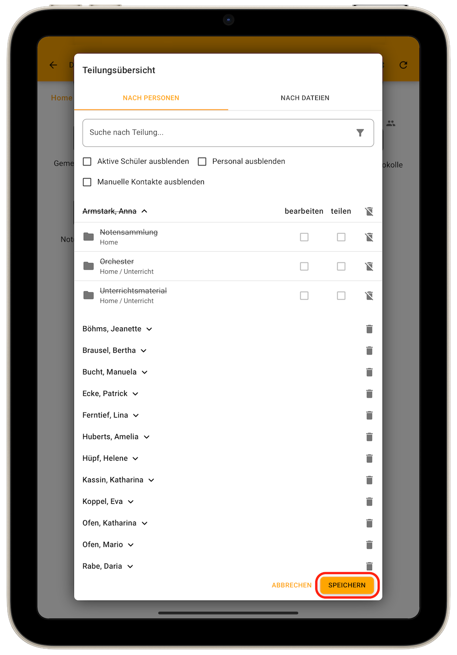 Teilungsübersicht - Speichern
