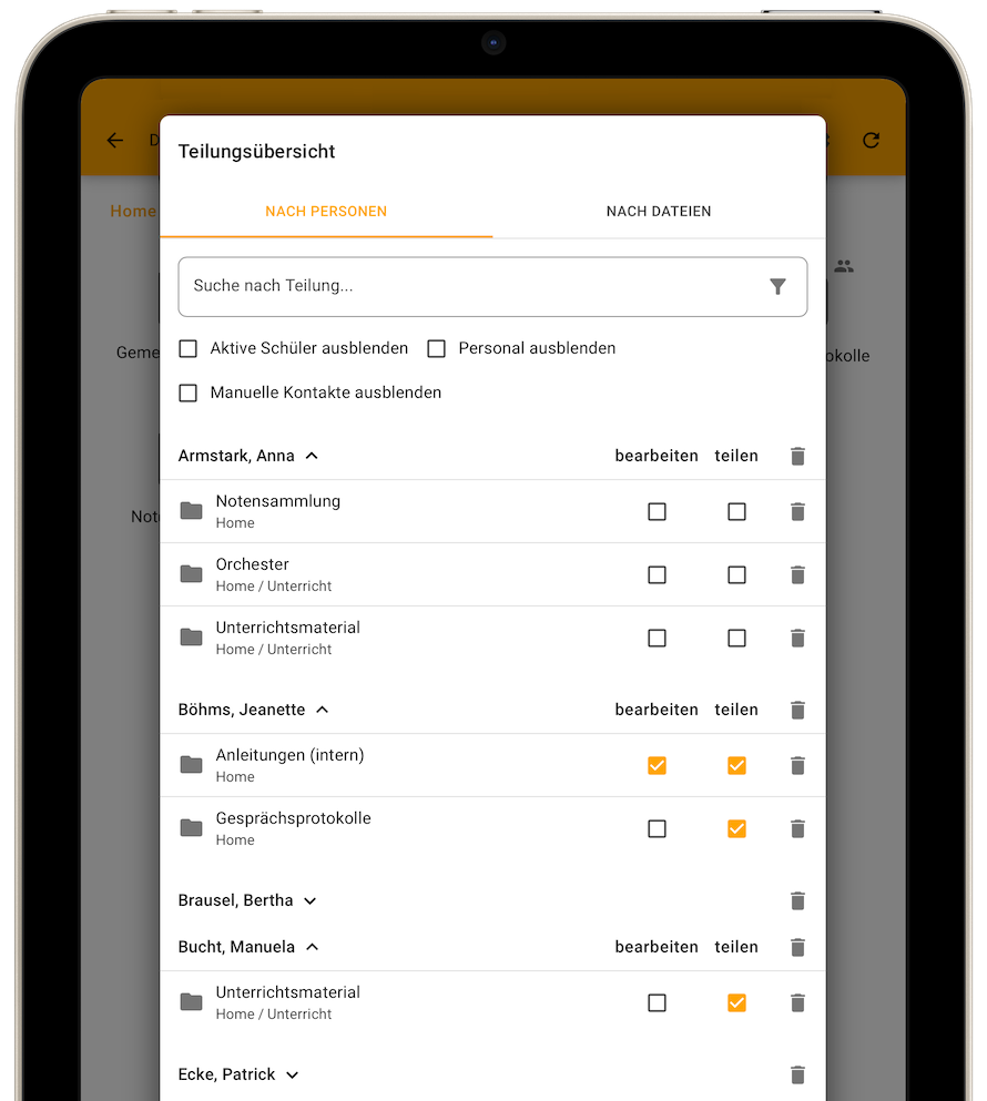 Teilungsübersicht nach Personen
