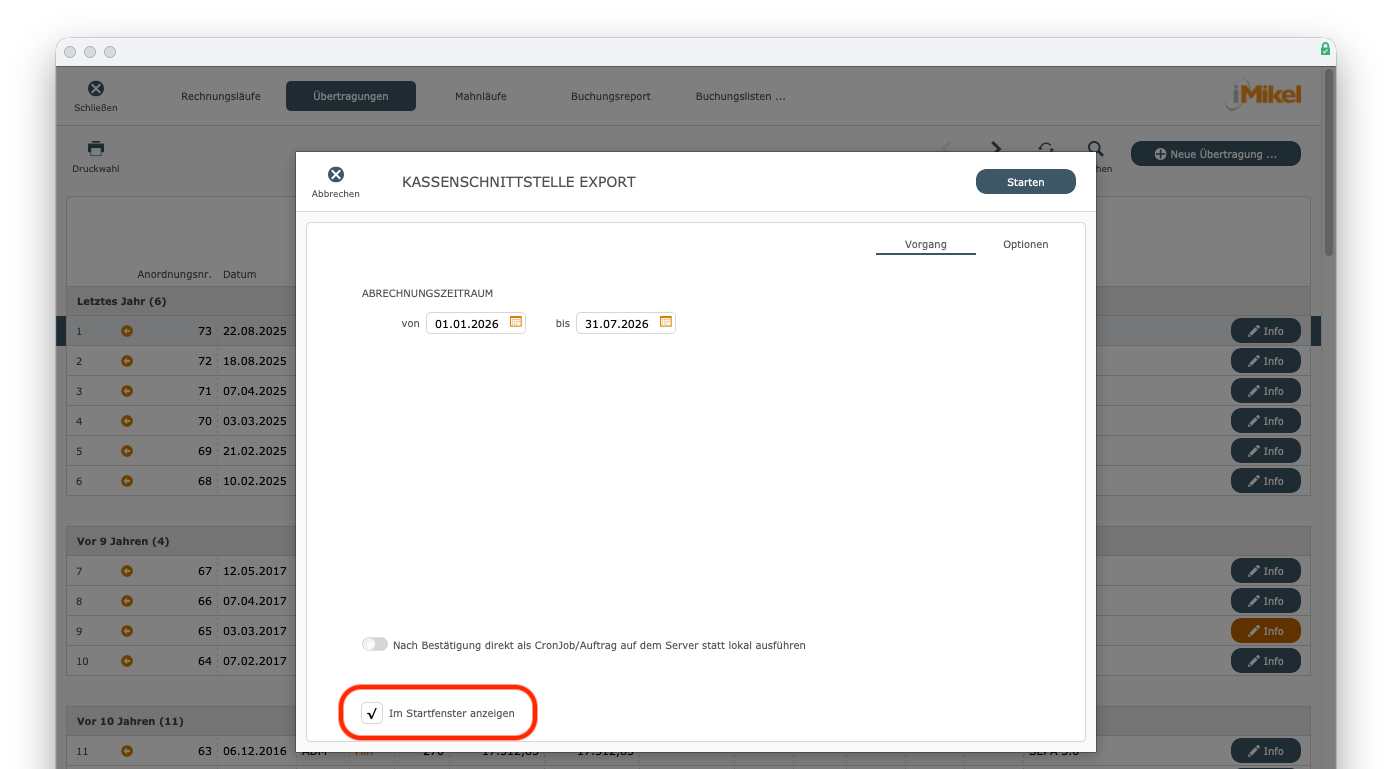 imikel_buchhaltung_uebertragungen_kassenschnittstelle_export_vorgang_im_startfenster_anzeigen